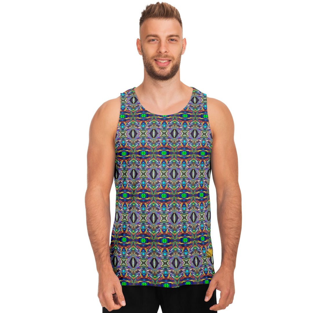 Holographic Print Tank Top – Trippy Geometric Festival Shirt with Optical Illusion Pattern