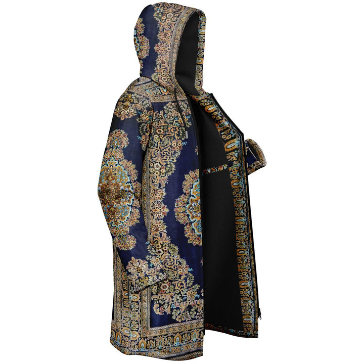 Classic Persian Cuddle Coat | Qom, Blue and Gold | Unisex Minky Sherpa Lined Coat with Hood, Zipper and Pockets | Women and Mens Festival Coat | Mountain Fashion