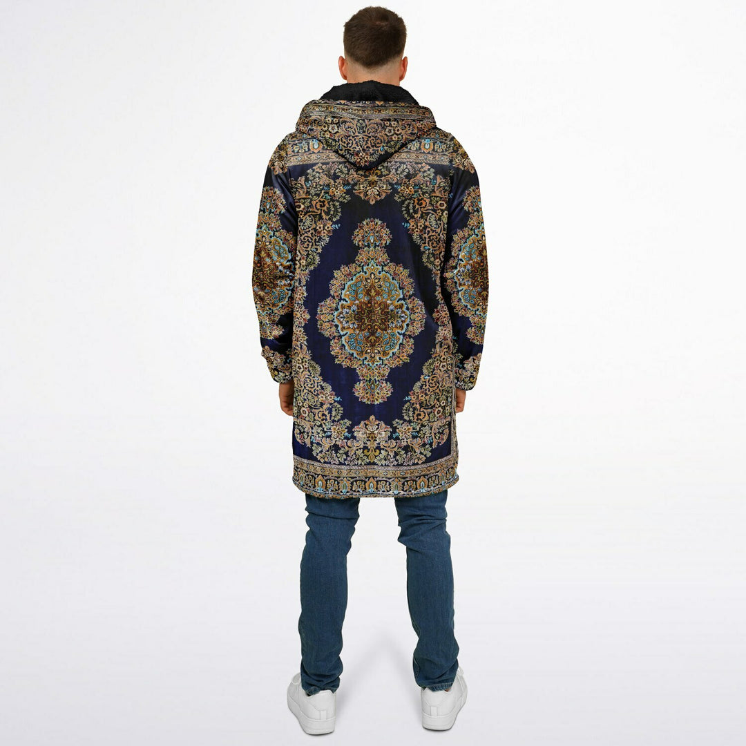 Classic Persian Cuddle Coat | Qom, Blue and Gold | Unisex Minky Sherpa Lined Coat with Hood, Zipper and Pockets | Women and Mens Festival Coat | Mountain Fashion