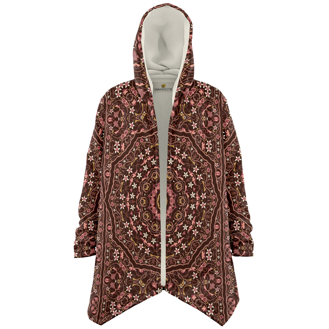 Classic Persian Carpet Cuddle Cloak | Jasmine | Unisex Minky Sherpa Hooded Coat | Women and Mens Festival Coat | Mountain Fashion