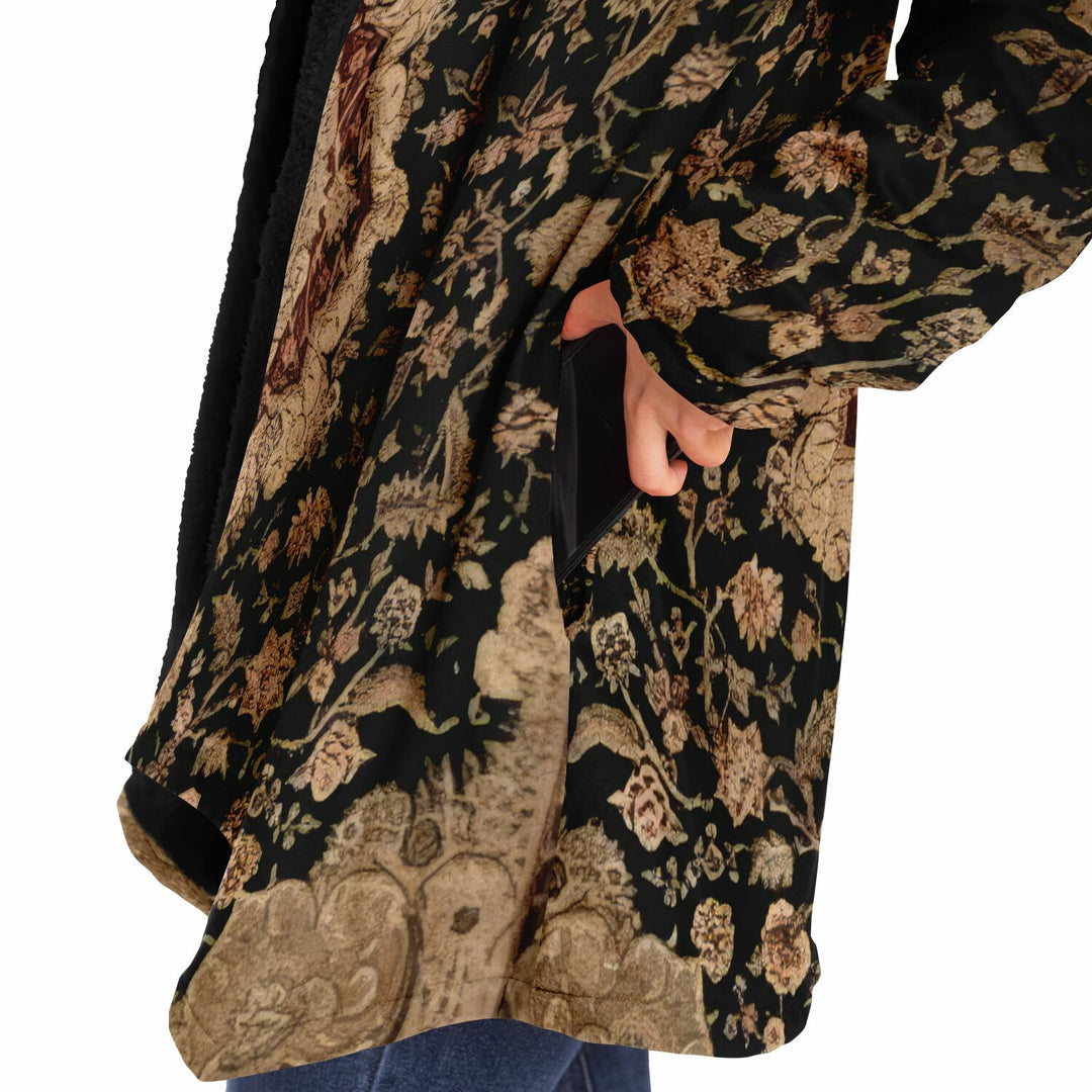 Black and Brown Persian Carpet Cuddle Cloak | Unisex Minky Sherpa Hooded Coat | Women and Mens Festival Coat | Mountain Fashion