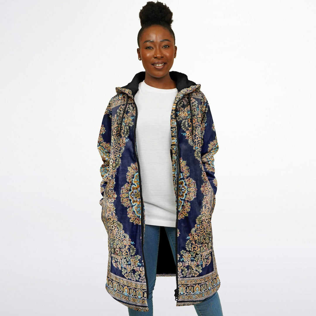 Classic Persian Cuddle Coat | Qom, Blue and Gold | Unisex Minky Sherpa Lined Coat with Hood, Zipper and Pockets | Women and Mens Festival Coat | Mountain Fashion