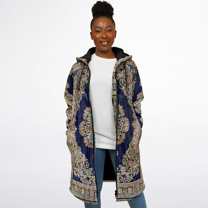 Classic Persian Cuddle Coat | Qom, Blue and Gold | Unisex Minky Sherpa Lined Coat with Hood, Zipper and Pockets | Women and Mens Festival Coat | Mountain Fashion