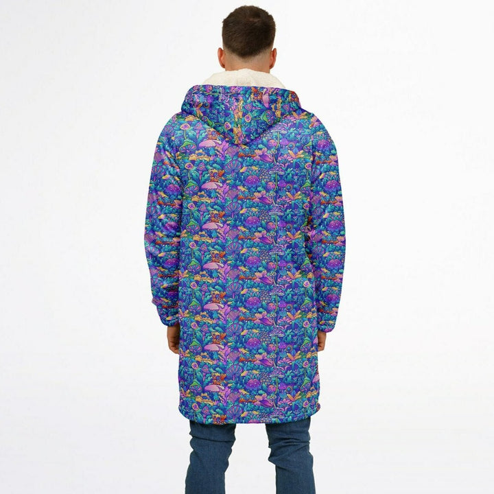 Psychedelic Mushrooms Cuddle Coat | Unisex Minky Sherpa Lined Coat with Hood, Zipper and Pockets | Women and Mens Festival Coat | Mountain Fashion