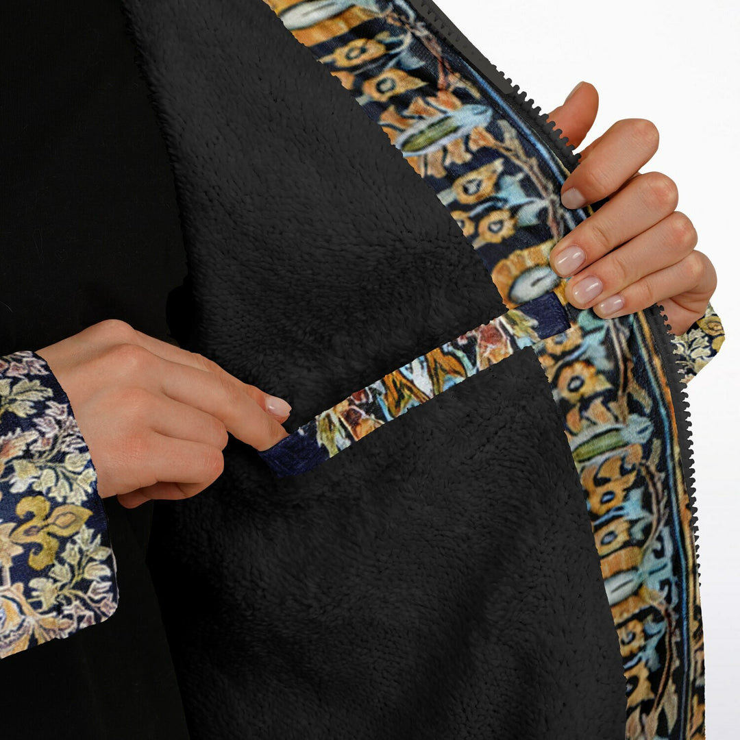 Classic Persian Cuddle Coat | Qom, Blue and Gold | Unisex Minky Sherpa Lined Coat with Hood, Zipper and Pockets | Women and Mens Festival Coat | Mountain Fashion