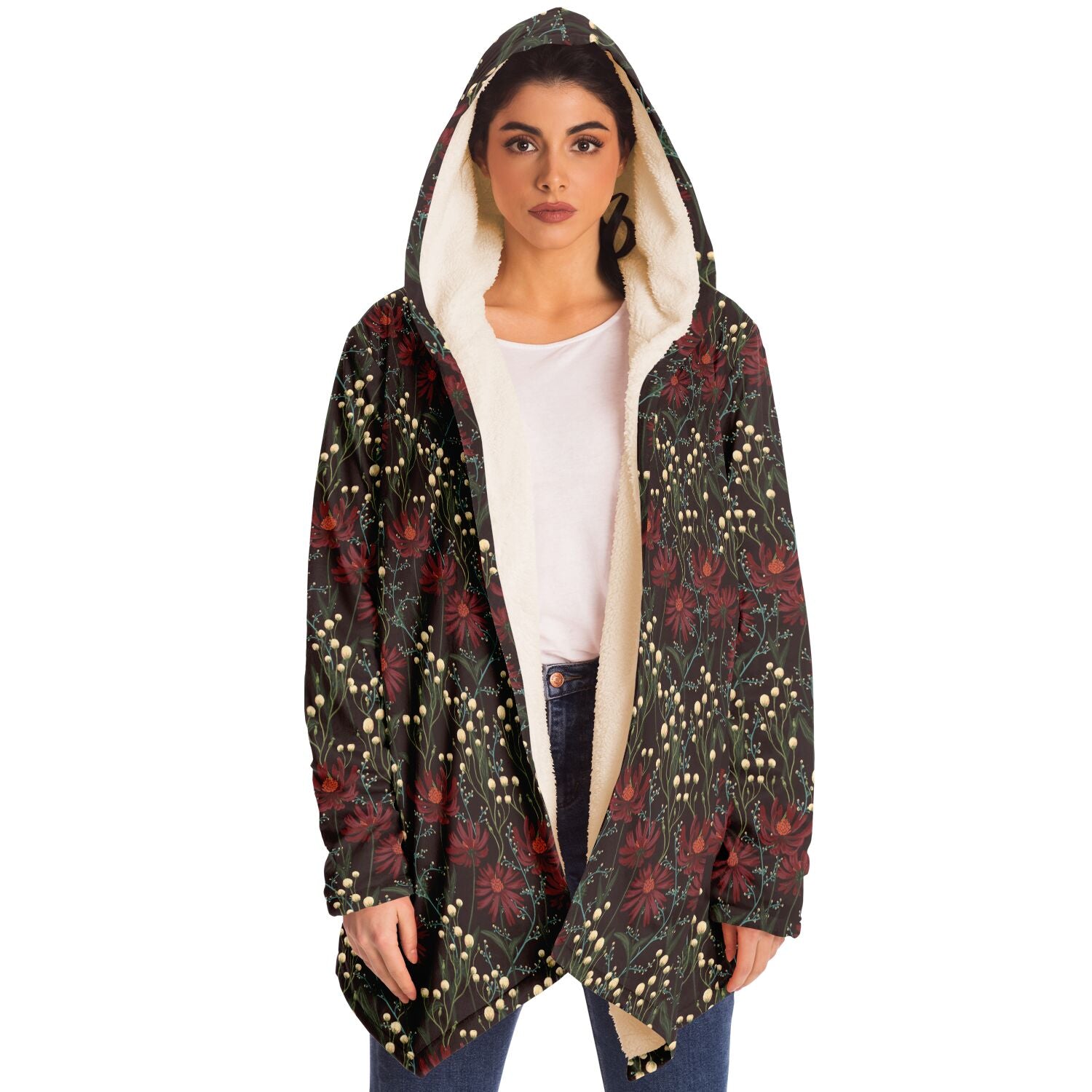 Floral Cone Flowers Cuddle Cloak | Maroon, Brown | Unisex Minky Sherpa Hooded Coat