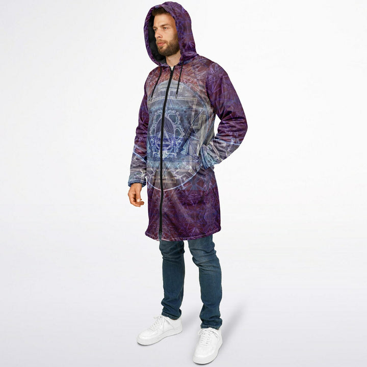 Sacred Violet Cuddle Coat | Unisex Minky Sherpa Lined Coat with Hood, Zipper and Pockets | Women and Mens Festival Coat | Mountain Fashion