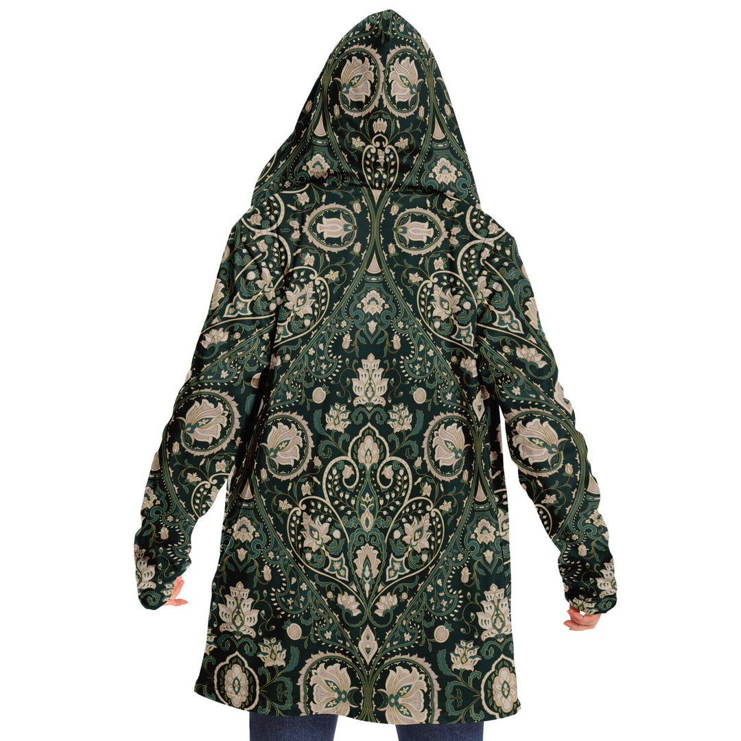 Green Persian Carpet Cuddle Cloak | Unisex Minky Sherpa Lined Coat with Hood, Zipper and Pockets | Women and Mens Festival Coat | Mountain Fashion