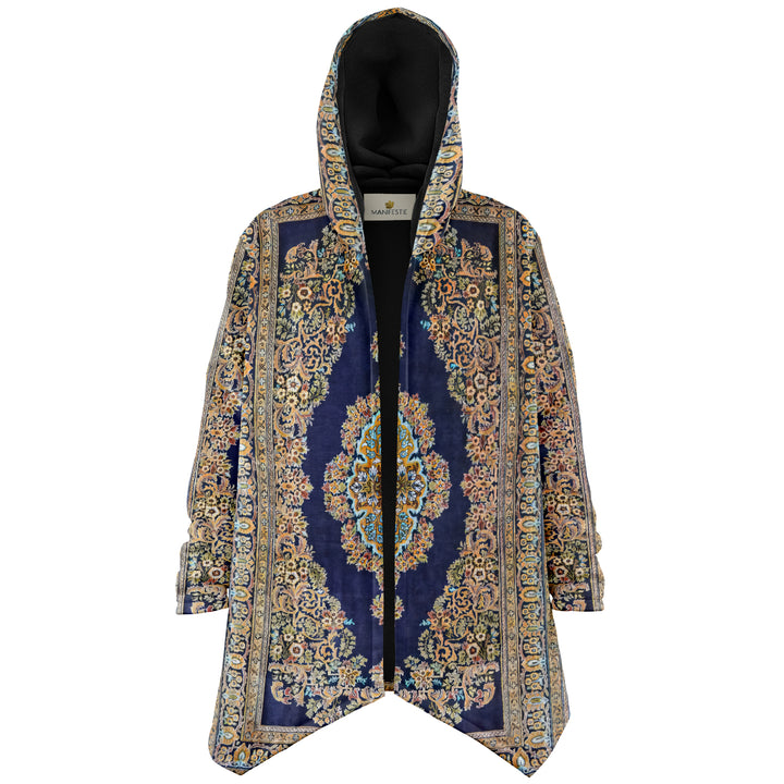 Classic Persian Carpet Cuddle Cloak | Qom, Blue and Gold | Unisex Minky Sherpa Hooded Coat | Women and Mens Festival Coat | Mountain Fashion