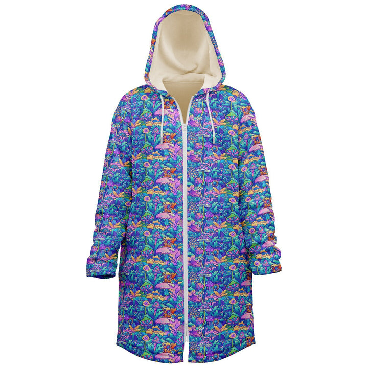 Psychedelic Mushrooms Cuddle Coat | Unisex Minky Sherpa Lined Coat with Hood, Zipper and Pockets | Women and Mens Festival Coat | Mountain Fashion