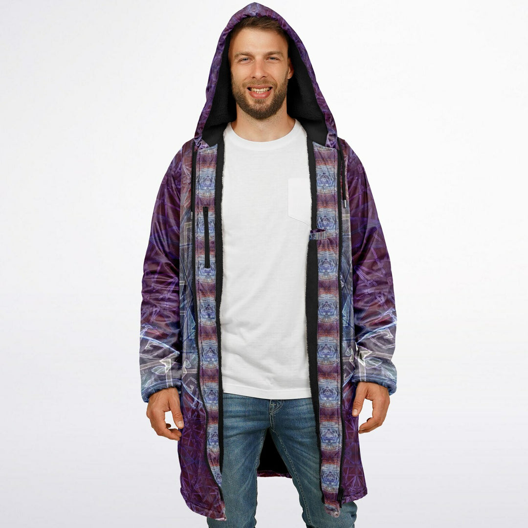 Sacred Violet Cuddle Coat | Unisex Minky Sherpa Lined Coat with Hood, Zipper and Pockets | Women and Mens Festival Coat | Mountain Fashion