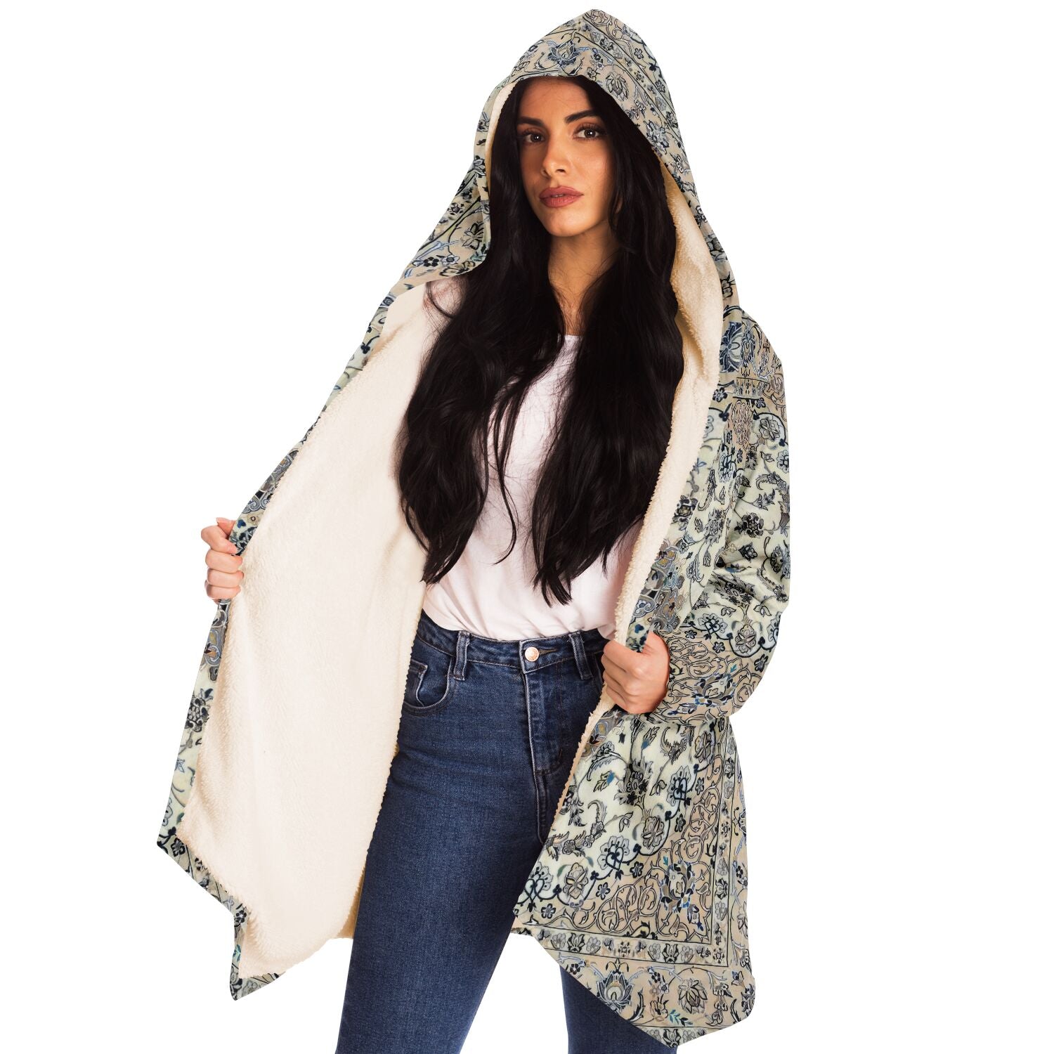 Classic Persian Carpet Premium Sherpa Cloak | Nain | Unisex, cream blue accents