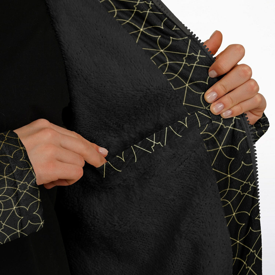 Black and Gold Sacred Geometry Flower Cuddle Coat | Unisex Minky Sherpa Lined Coat with Hood, Zipper and Pockets | Women and Mens Festival Coat | Mountain Fashion