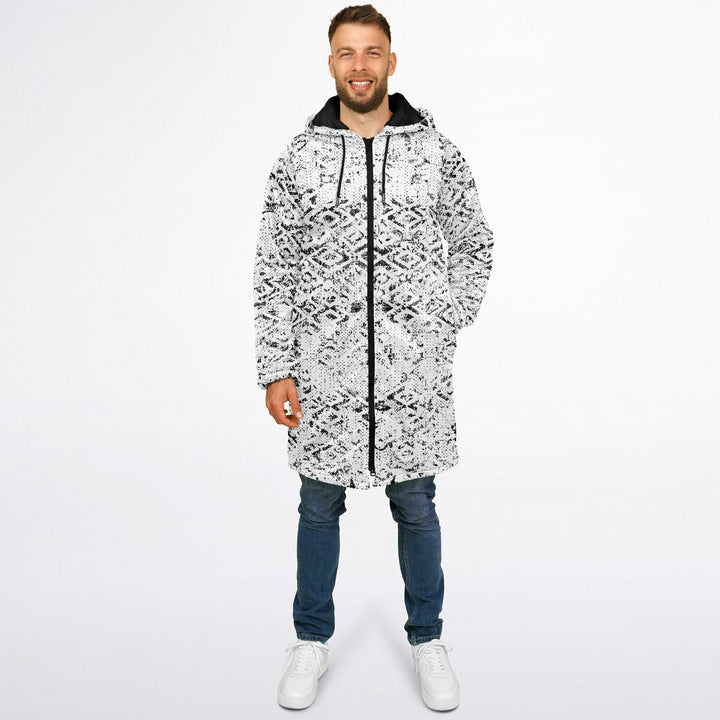 Tribal Fade Cuddle Coat |  Black White | Unisex Minky Sherpa Lined Coat with Hood, Zipper and Pockets | Women and Mens Festival Coat | Mountain Fashion