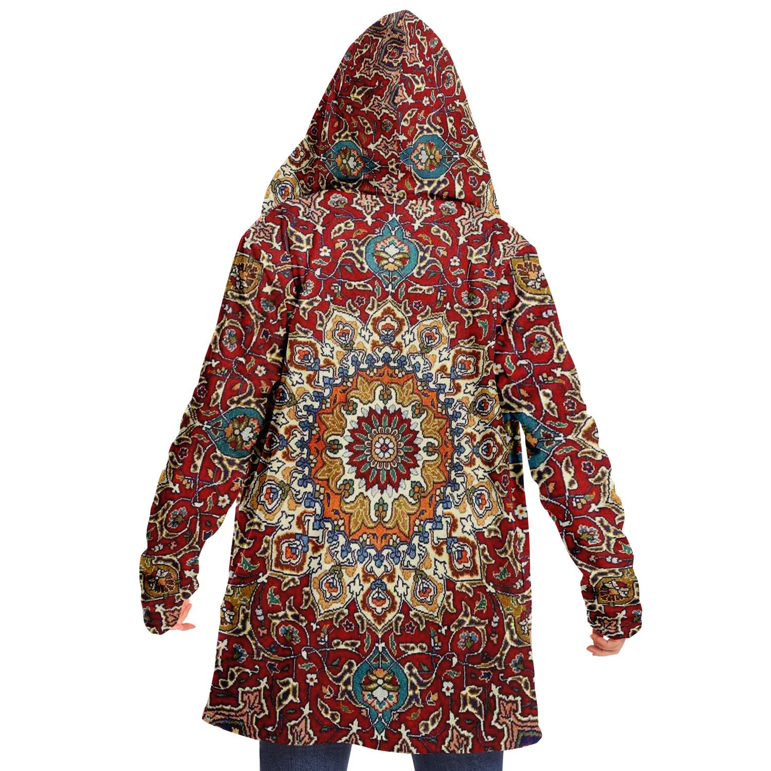 Classic Persian Carpet Sherpa Cuddle Cloak  | Gonbad, Red | Unisex Minky Sherpa Hooded Coat