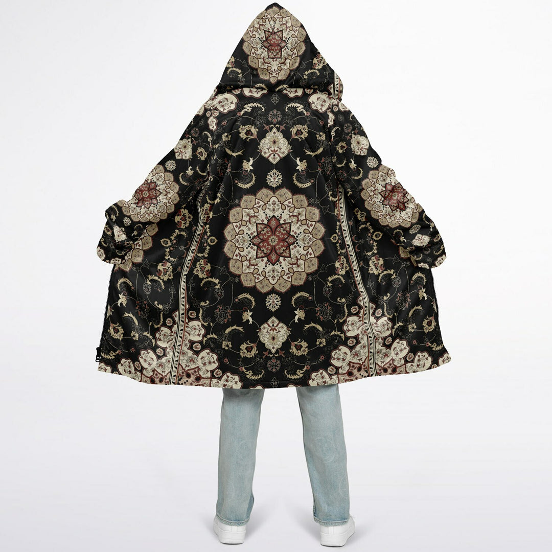 Classic Black Persian Carpet Cuddle Coat | Unisex Minky Sherpa Lined Coat with Hood, Zipper and Pockets | Women and Mens Festival Coat | Mountain Fashion