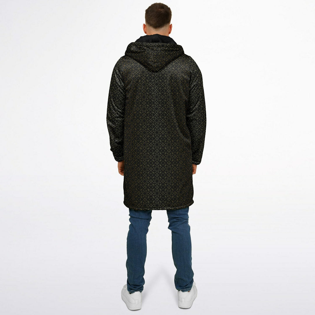 Black and Gold Sacred Geometry Flower Cuddle Coat | Unisex Minky Sherpa Lined Coat with Hood, Zipper and Pockets | Women and Mens Festival Coat | Mountain Fashion