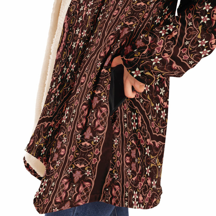 Classic Persian Carpet Cuddle Cloak | Jasmine | Unisex Minky Sherpa Hooded Coat | Women and Mens Festival Coat | Mountain Fashion