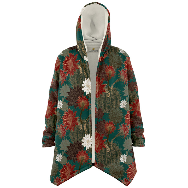 Desert Flowers Cuddle Cloak | Green Red | Unisex Minky Sherpa Lined Hooded Coat | Women and Mens Festival Coat | Mountain Fashion