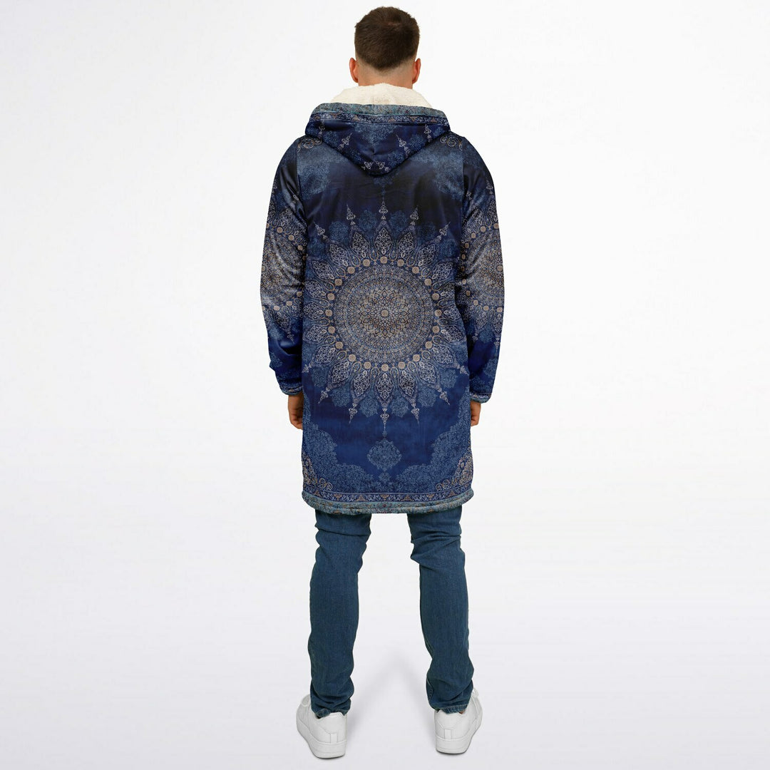 Radial Blue Persian Carpet Cuddle Coat | Unisex Minky Sherpa Lined Coat with Hood, Zipper and Pockets | Women and Mens Festival Coat | Mountain Fashion