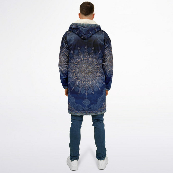 Radial Blue Persian Carpet Cuddle Coat | Unisex Minky Sherpa Lined Coat with Hood, Zipper and Pockets | Women and Mens Festival Coat | Mountain Fashion