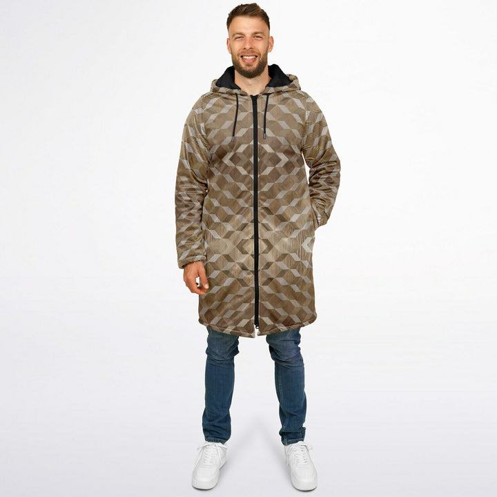Gold Cube Cuddle Coat | Unisex Minky Sherpa Lined Coat with Hood, Zipper and Pockets | Women and Mens Festival Coat | Mountain Fashion