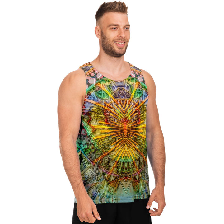 Lotus Guardian Tank Top – Geometric Festival Shirt with Radiant Symmetry
