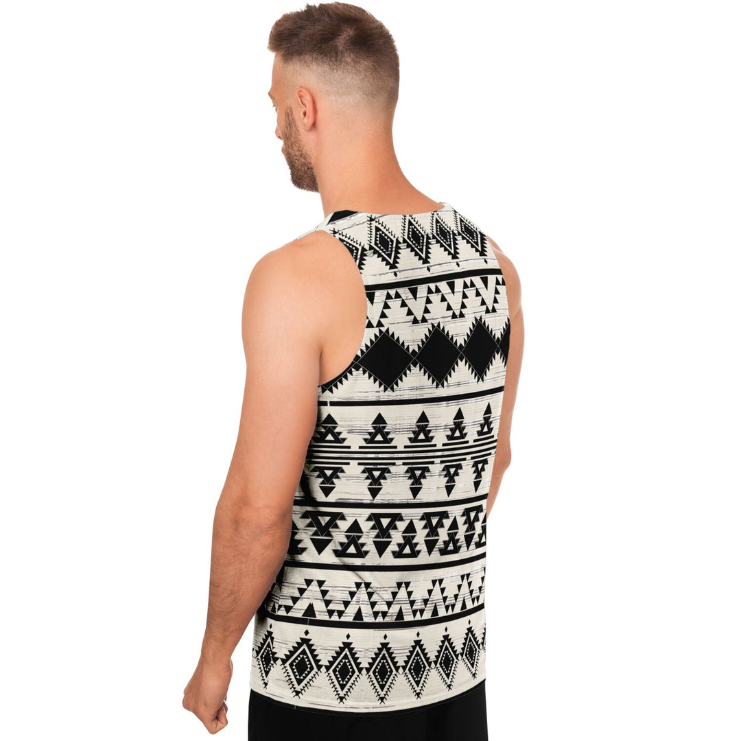 Hawk Eye Tribal Tank Top – Geometric Festival Shirt with Black &amp; Ivory Pattern