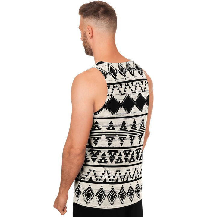 Hawk Eye Tribal Tank Top – Geometric Festival Shirt with Black &amp; Ivory Pattern