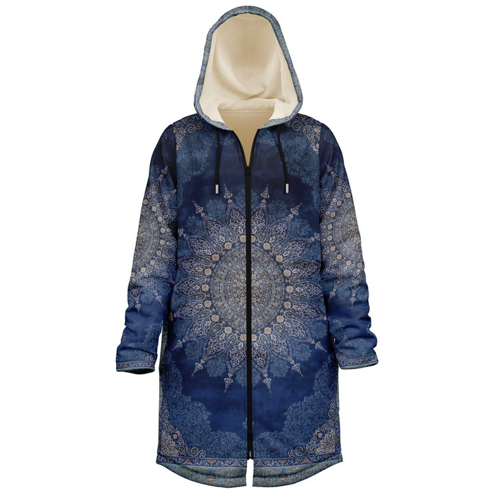 Radial Blue Persian Carpet Cuddle Coat | Unisex Minky Sherpa Lined Coat with Hood, Zipper and Pockets | Women and Mens Festival Coat | Mountain Fashion