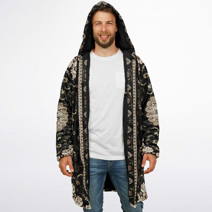 Classic Black Persian Carpet Cuddle Coat | Unisex Minky Sherpa Lined Coat with Hood, Zipper and Pockets | Women and Mens Festival Coat | Mountain Fashion