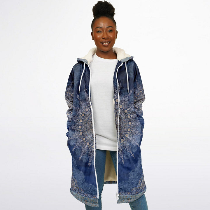 Radial Blue Persian Carpet Cuddle Coat | Unisex Minky Sherpa Lined Coat with Hood, Zipper and Pockets | Women and Mens Festival Coat | Mountain Fashion