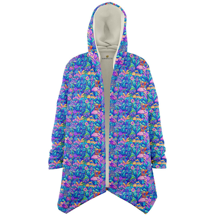 Psychedelic Mushrooms Cuddle Cloak | Unisex Minky Sherpa Lined Hooded Coat | Women and Mens Festival Coat | Mountain Fashion