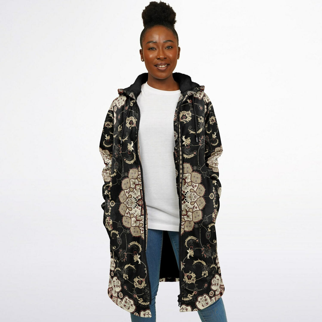 Classic Black Persian Carpet Cuddle Coat | Unisex Minky Sherpa Lined Coat with Hood, Zipper and Pockets | Women and Mens Festival Coat | Mountain Fashion
