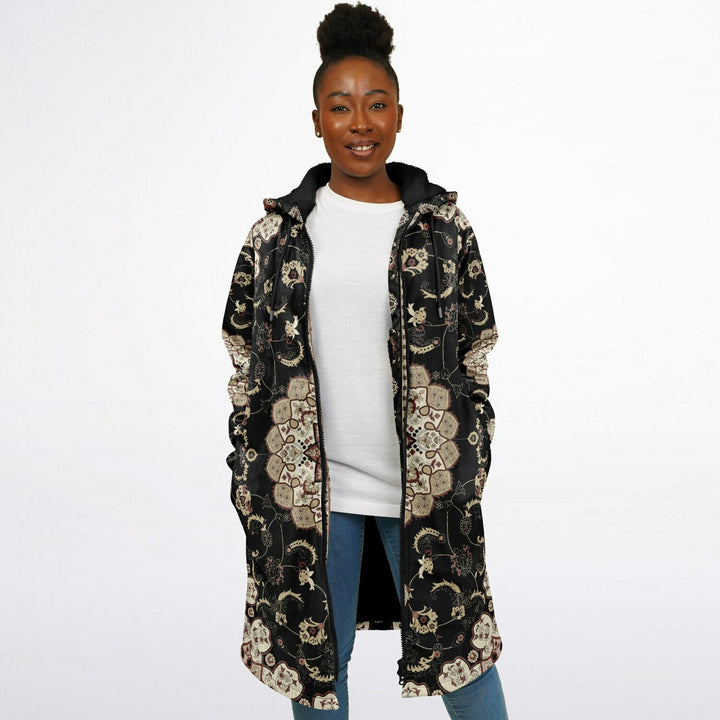 Classic Black Persian Carpet Cuddle Coat | Unisex Minky Sherpa Lined Coat with Hood, Zipper and Pockets | Women and Mens Festival Coat | Mountain Fashion