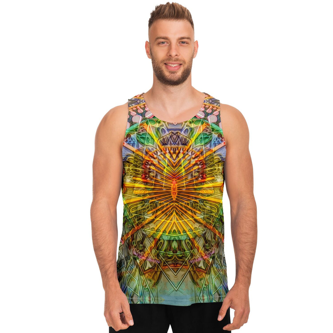 Lotus Guardian Tank Top – Geometric Festival Shirt with Radiant Symmetry