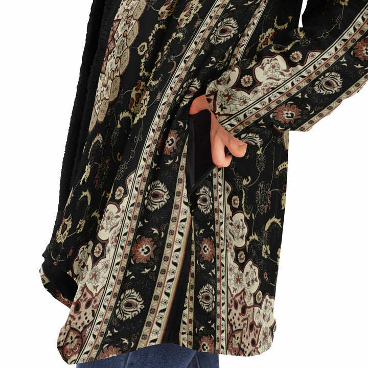 Classic Black Persian Carpet Cuddle Cloak | Unisex Minky Sherpa Lined Hooded Coat | Women and Mens Festival Coat | Mountain Fashion