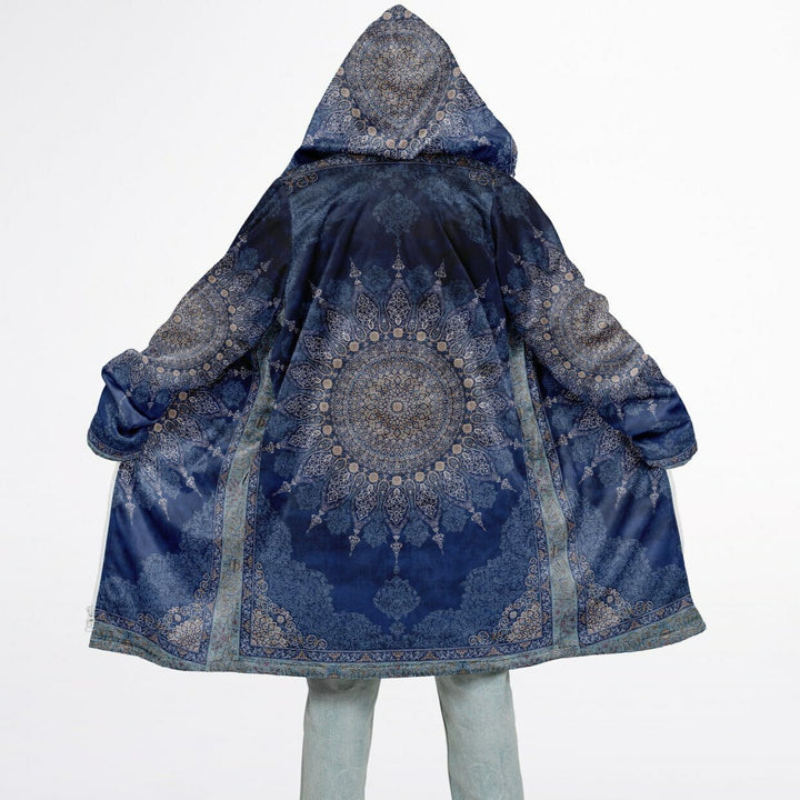 Radial Blue Persian Carpet Cuddle Coat | Unisex Minky Sherpa Lined Coat with Hood, Zipper and Pockets | Women and Mens Festival Coat | Mountain Fashion
