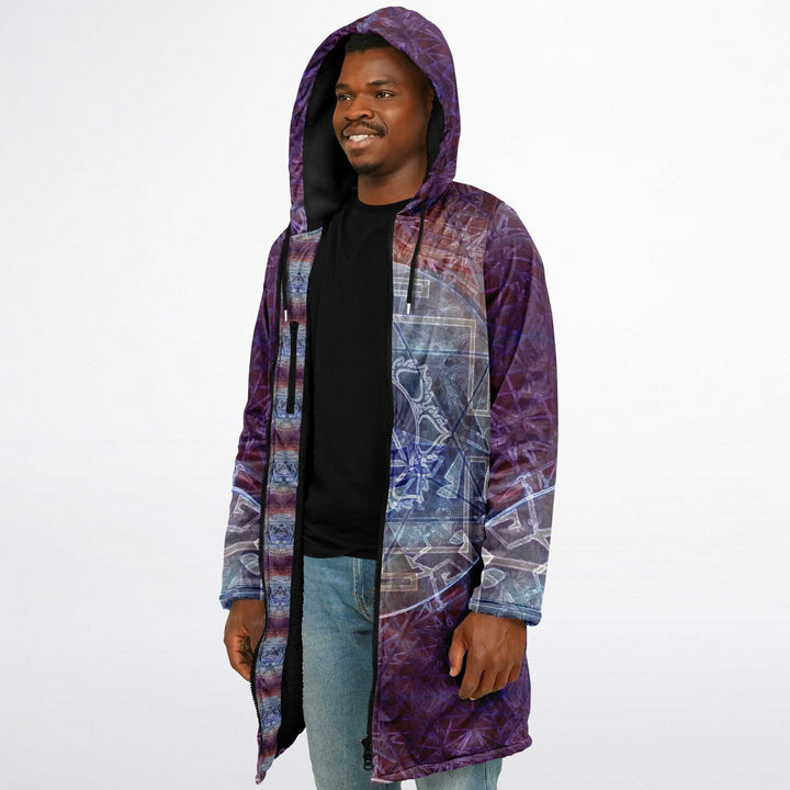 Sacred Violet Cuddle Coat | Unisex Minky Sherpa Lined Coat with Hood, Zipper and Pockets | Women and Mens Festival Coat | Mountain Fashion