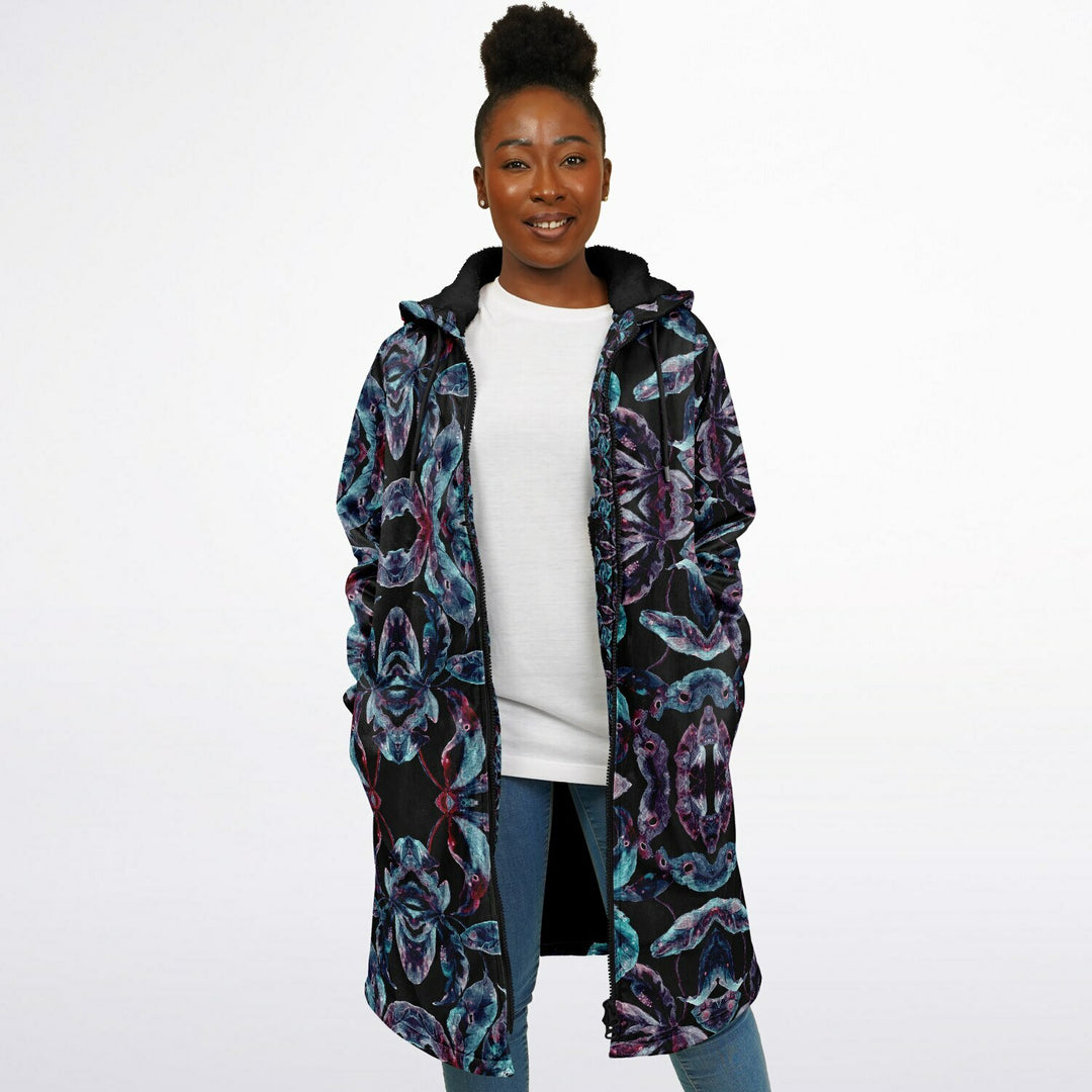 Dark Tropics Cuddle Coat | Unisex Minky Sherpa Lined Coat with Hood, Zipper and Pockets | Women and Mens Festival Coat | Mountain Fashion