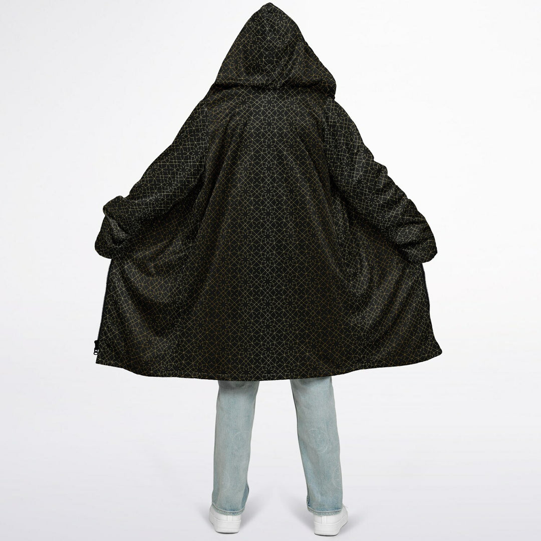 Black and Gold Sacred Geometry Flower Cuddle Coat | Unisex Minky Sherpa Lined Coat with Hood, Zipper and Pockets | Women and Mens Festival Coat | Mountain Fashion
