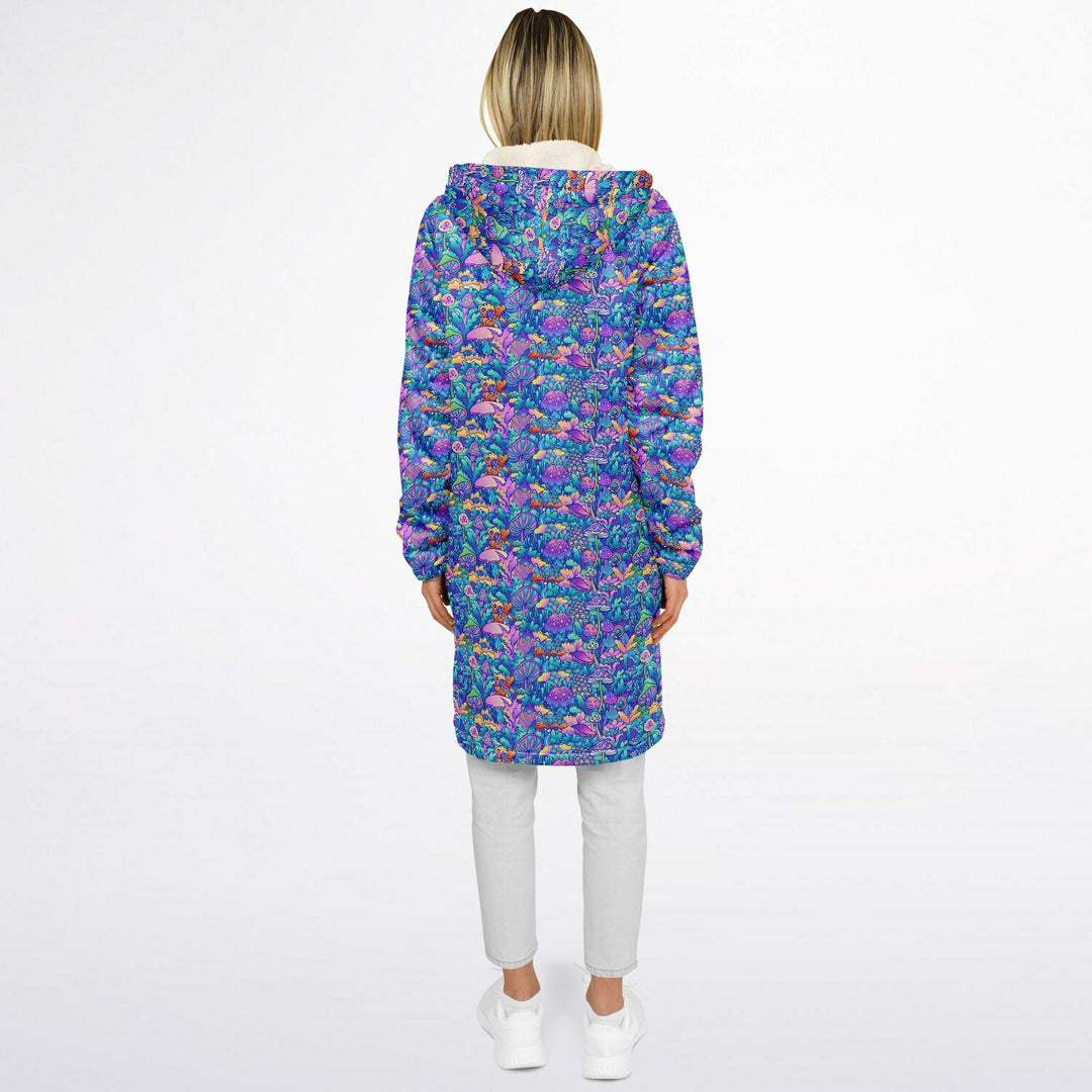 Psychedelic Mushrooms Cuddle Coat | Unisex Minky Sherpa Lined Coat with Hood, Zipper and Pockets | Women and Mens Festival Coat | Mountain Fashion