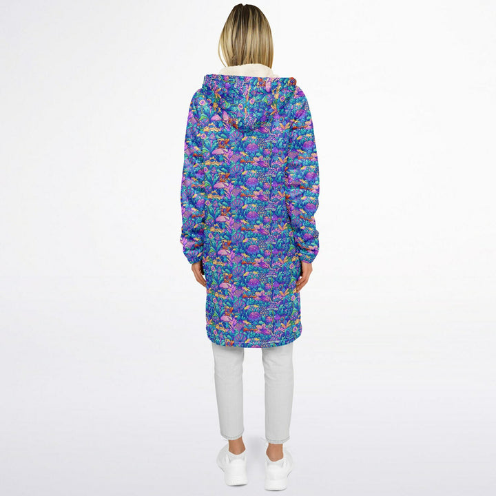Psychedelic Mushrooms Cuddle Coat | Unisex Minky Sherpa Lined Coat with Hood, Zipper and Pockets | Women and Mens Festival Coat | Mountain Fashion