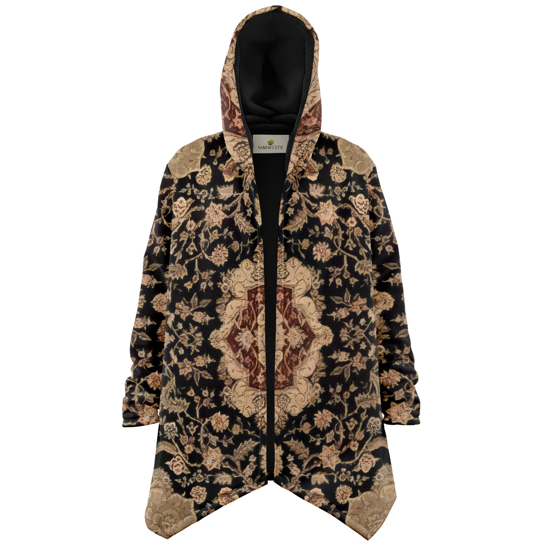 Black and Brown Persian Carpet Cuddle Cloak | Unisex Minky Sherpa Hooded Coat | Women and Mens Festival Coat | Mountain Fashion