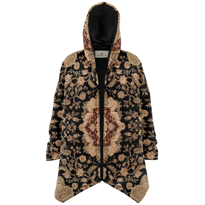 Black and Brown Persian Carpet Cuddle Cloak | Unisex Minky Sherpa Hooded Coat | Women and Mens Festival Coat | Mountain Fashion