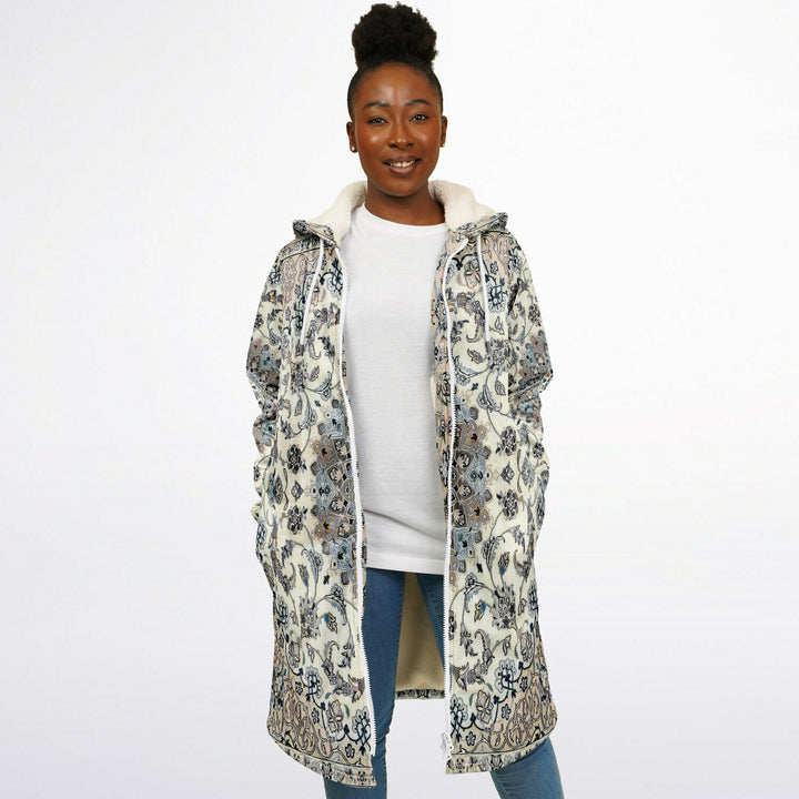Classic Persian Carpet Cuddle Coat | Nain, Cream and Soft Blue | Unisex Minky Sherpa Lined Coat with Hood, Zipper and Pockets | Women and Mens Festival Coat | Mountain Fashion