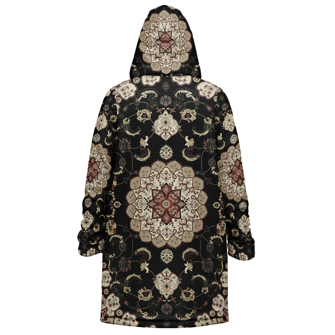 Classic Black Persian Carpet Cuddle Coat | Unisex Minky Sherpa Lined Coat with Hood, Zipper and Pockets | Women and Mens Festival Coat | Mountain Fashion
