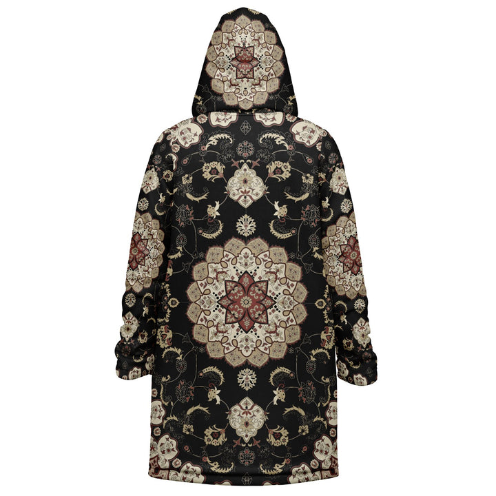 Classic Black Persian Carpet Cuddle Coat | Unisex Minky Sherpa Lined Coat with Hood, Zipper and Pockets | Women and Mens Festival Coat | Mountain Fashion