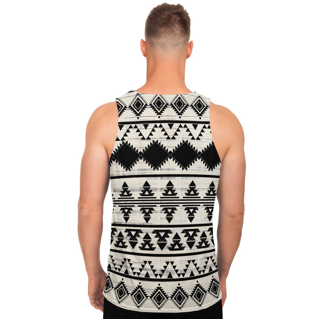 Hawk Eye Tribal Tank Top – Geometric Festival Shirt with Black &amp; Ivory Pattern
