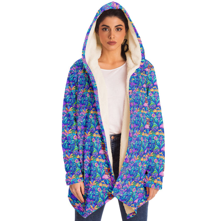 Psychedelic Mushrooms Cuddle Cloak | Unisex Minky Sherpa Lined Hooded Coat | Women and Mens Festival Coat | Mountain Fashion